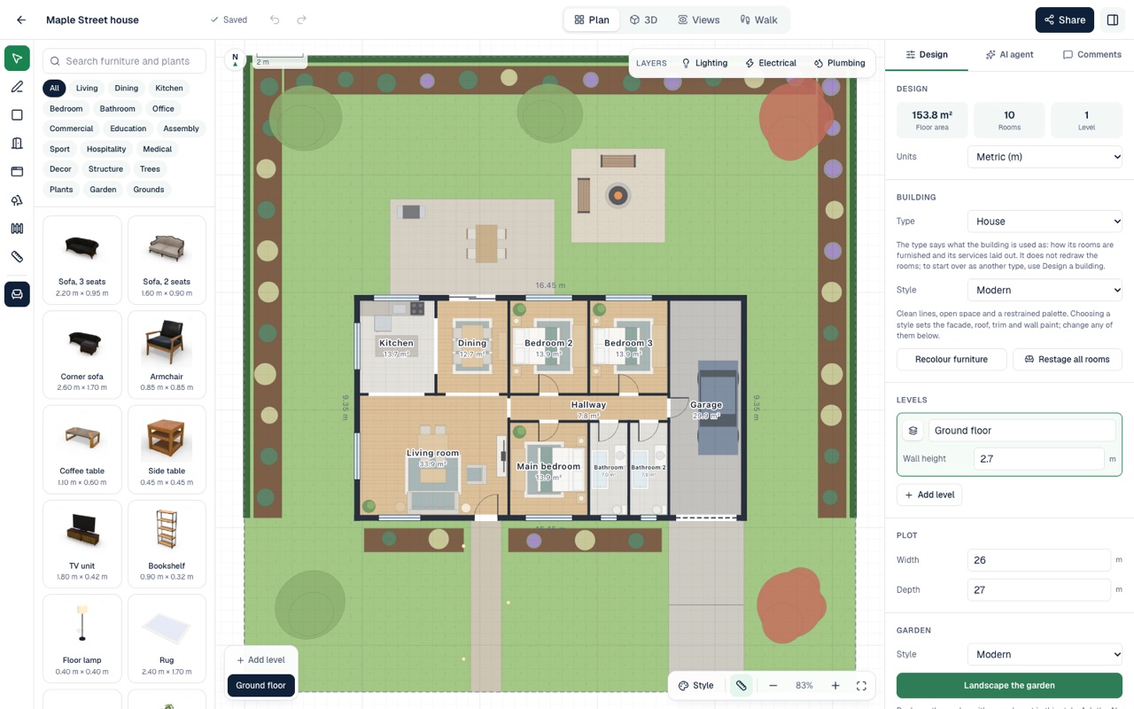 The floor plan editor with rooms, furniture and the garden on one drawing